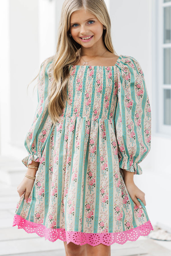 Girls: Sweet As Sunday Green Floral Smocked Dress