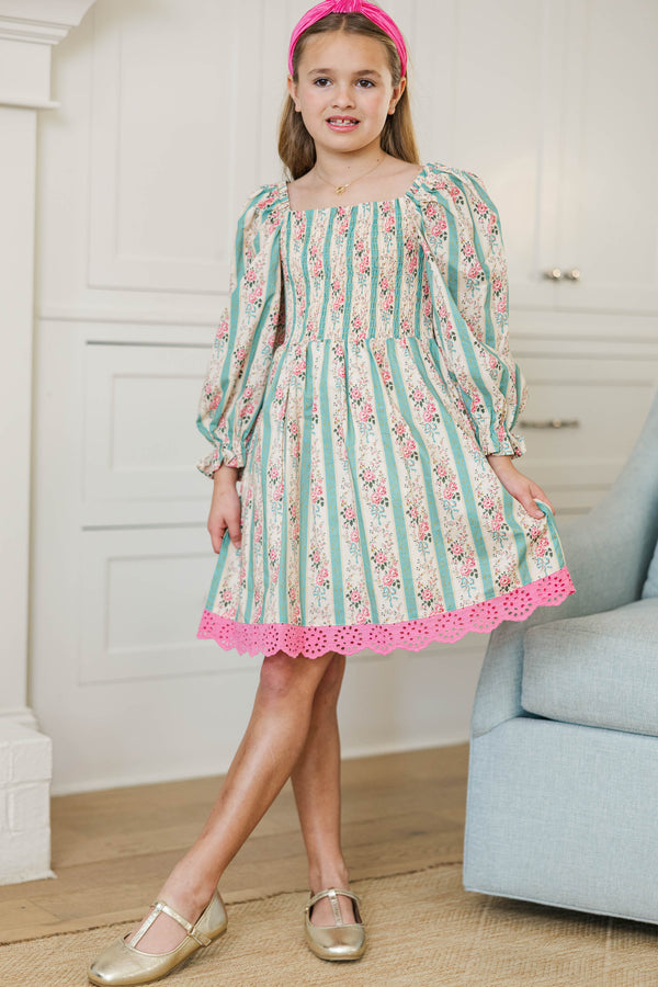 Girls: Sweet As Sunday Green Floral Smocked Dress