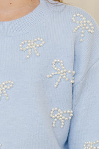Girls: Lavish Coziness Blue Pearl Bow Sweater