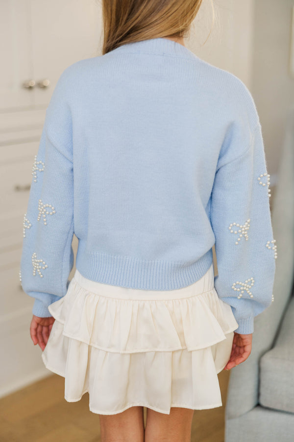 Girls: Lavish Coziness Blue Pearl Bow Sweater