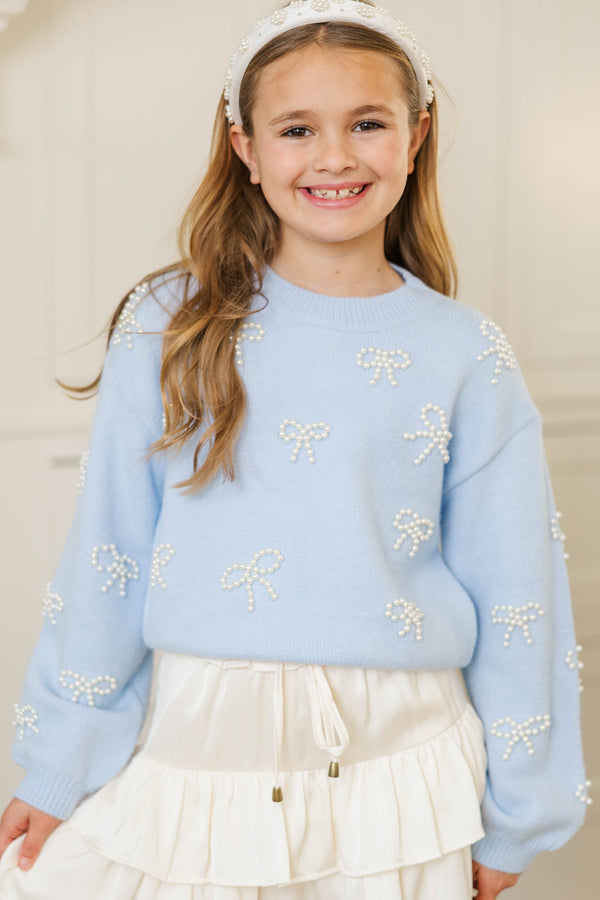 Girls: Lavish Coziness Blue Pearl Bow Sweater