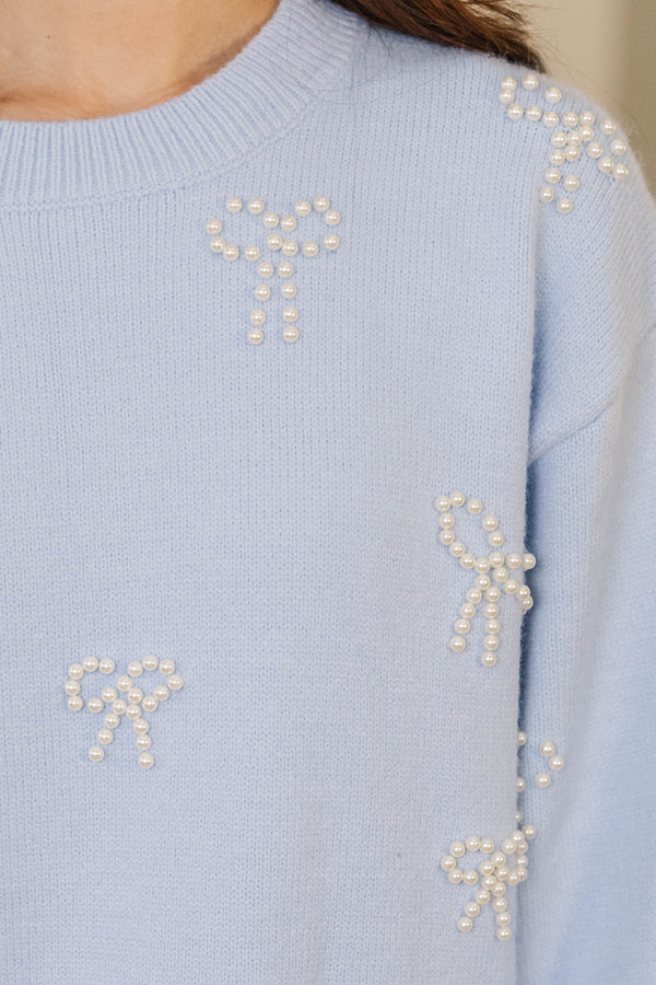 Lavish Coziness Blue Pearl Bow Pullover Sweater