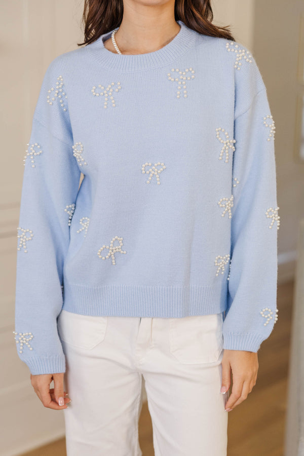 Lavish Coziness Blue Pearl Bow Pullover Sweater