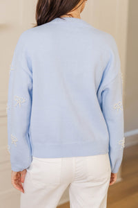 Lavish Coziness Blue Pearl Bow Pullover Sweater