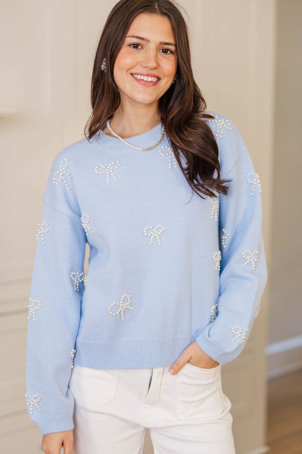Lavish Coziness Blue Pearl Bow Pullover Sweater – Shop the Mint