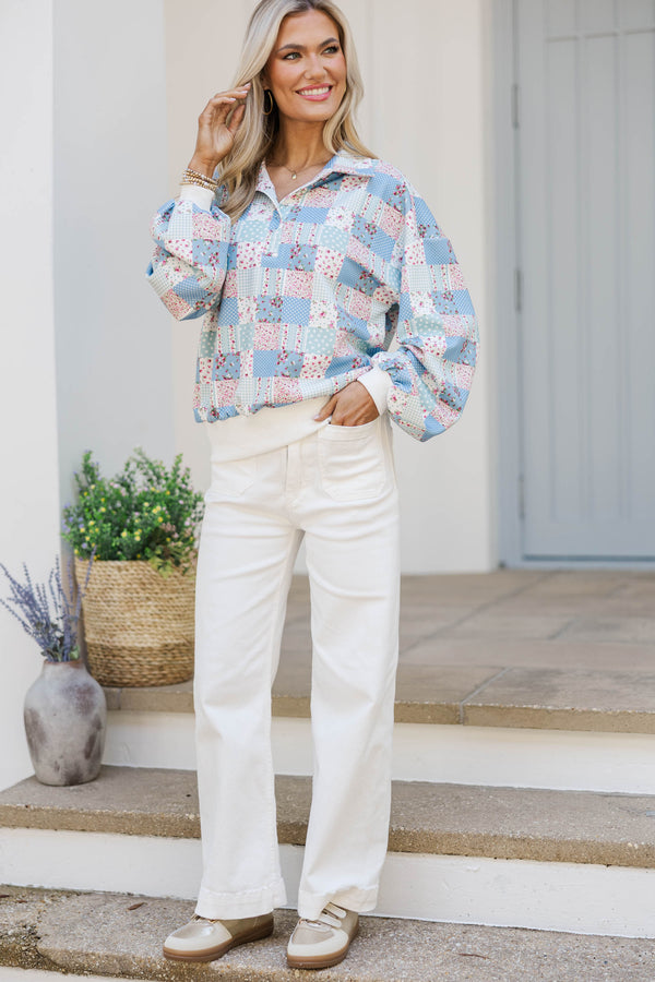 Sweet Statements Blue Patchwork Pullover
