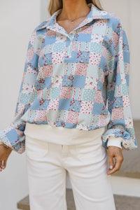 Sweet Statements Blue Patchwork Pullover