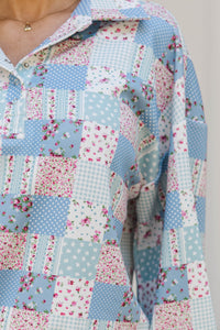 Sweet Statements Blue Patchwork Pullover