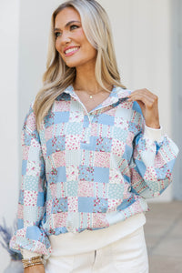 Sweet Statements Blue Patchwork Pullover