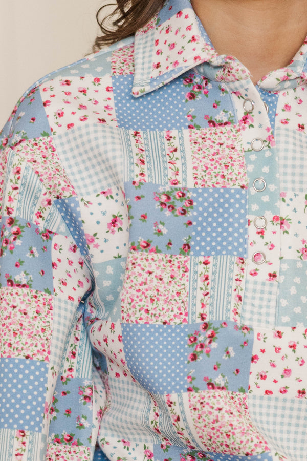 Girls: Sweet Statements Blue Patchwork Pullover