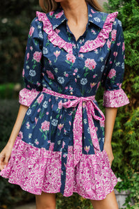 Help You Out Navy Mixed Print Dress