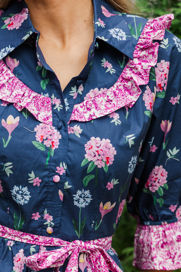 Help You Out Navy Mixed Print Dress