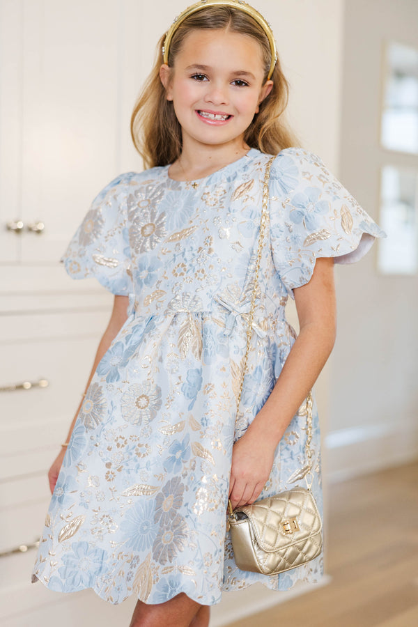 Girls: All The Glitter Light Blue Brocade Dress