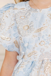 Girls: All The Glitter Light Blue Brocade Dress