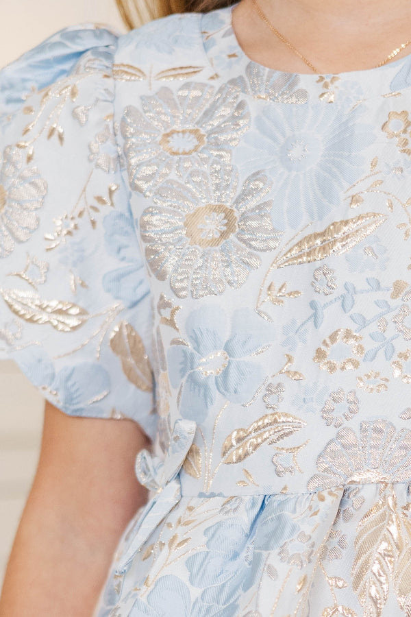 Girls: All The Glitter Light Blue Brocade Dress