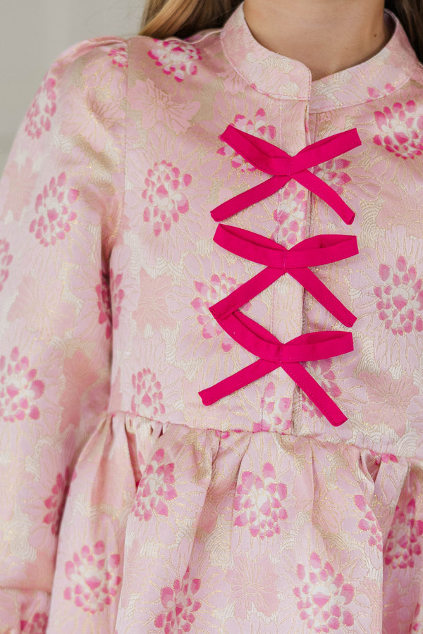 Girls: The Baileigh Pink Brocade L/S Dress