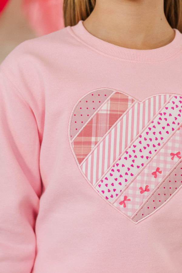Girls: With The Cutest Blush Heart Patchwork Sweatshirt