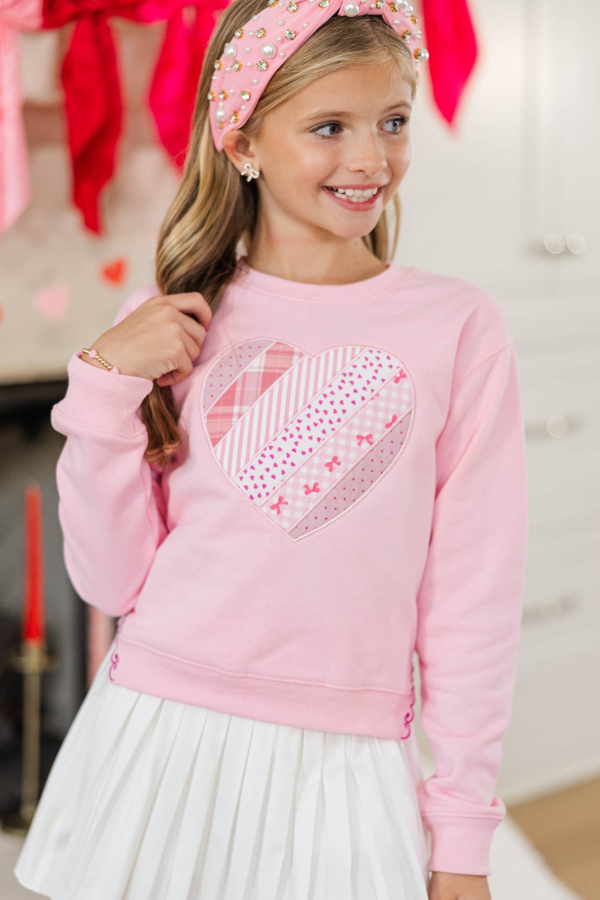 Girls: With The Cutest Blush Heart Patchwork Sweatshirt – Shop the Mint