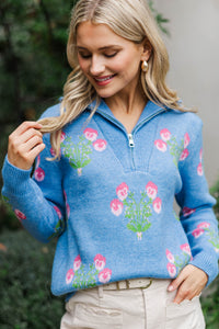 Bloom Bright Denim Blue Medallion Quarter Zip