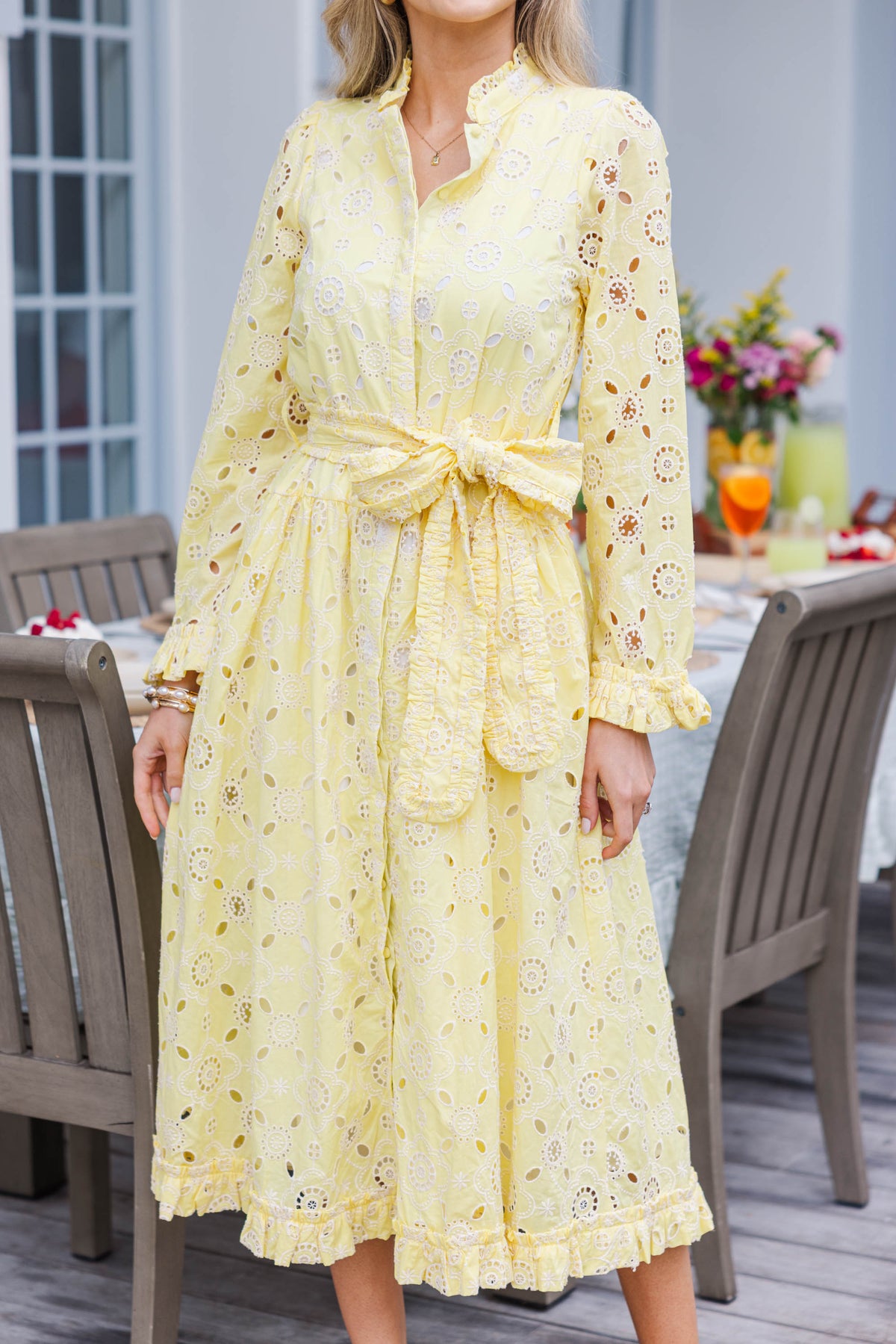Living Easy Yellow Eyelet Linen Midi Dress, Small - The Mint Julep Boutique