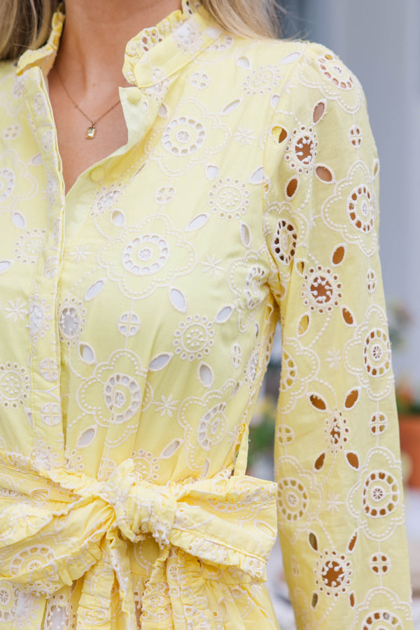 Living Easy Yellow Eyelet Linen Midi Dress