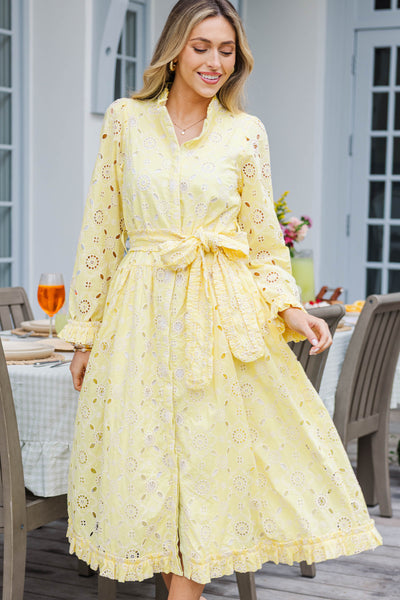 Living Easy Yellow Eyelet Linen Midi Dress – Shop the Mint