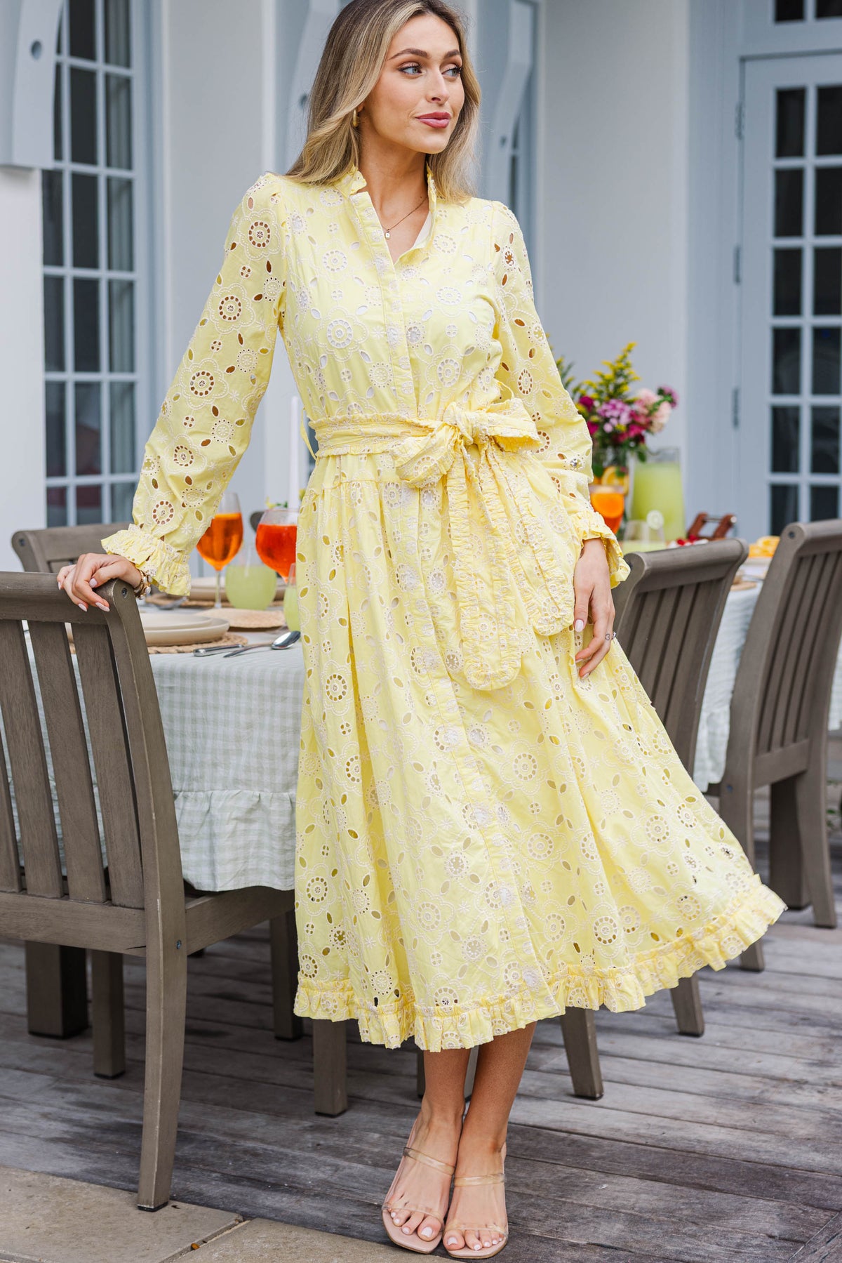 Living Easy Yellow Eyelet Linen Midi Dress Shop the Mint Living Easy Yellow Eyelet Linen Midi Dress Shop the Mint