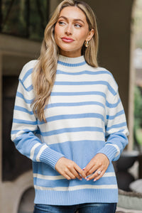 To The Sea Light Blue Striped Mock Neck Sweater