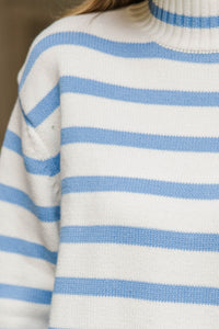 To The Sea Light Blue Striped Mock Neck Sweater