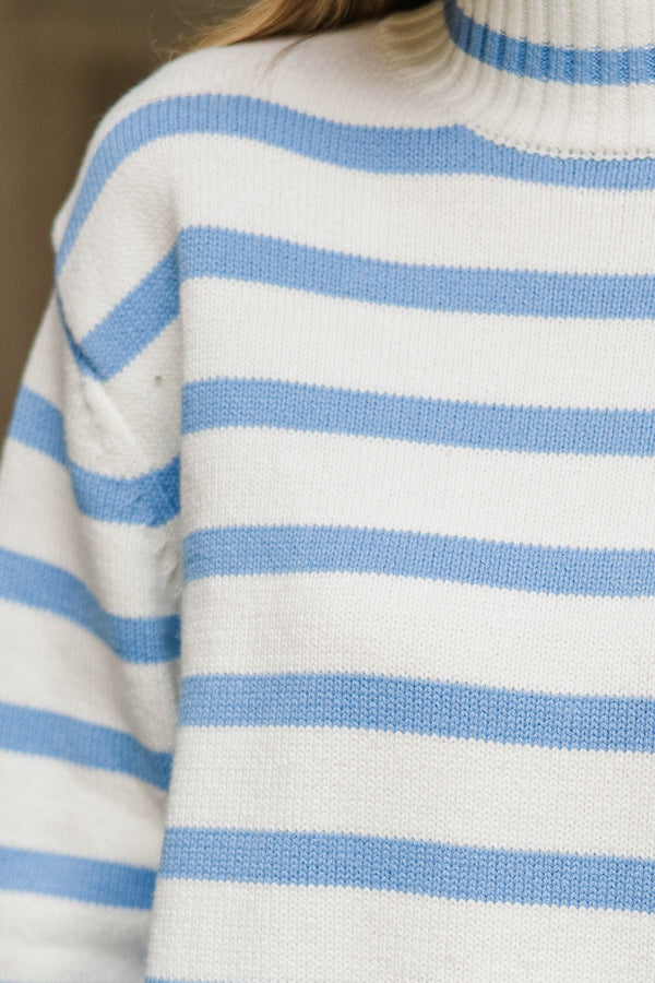 To The Sea Light Blue Striped Mock Neck Sweater