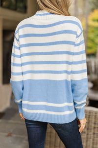 To The Sea Light Blue Striped Mock Neck Sweater