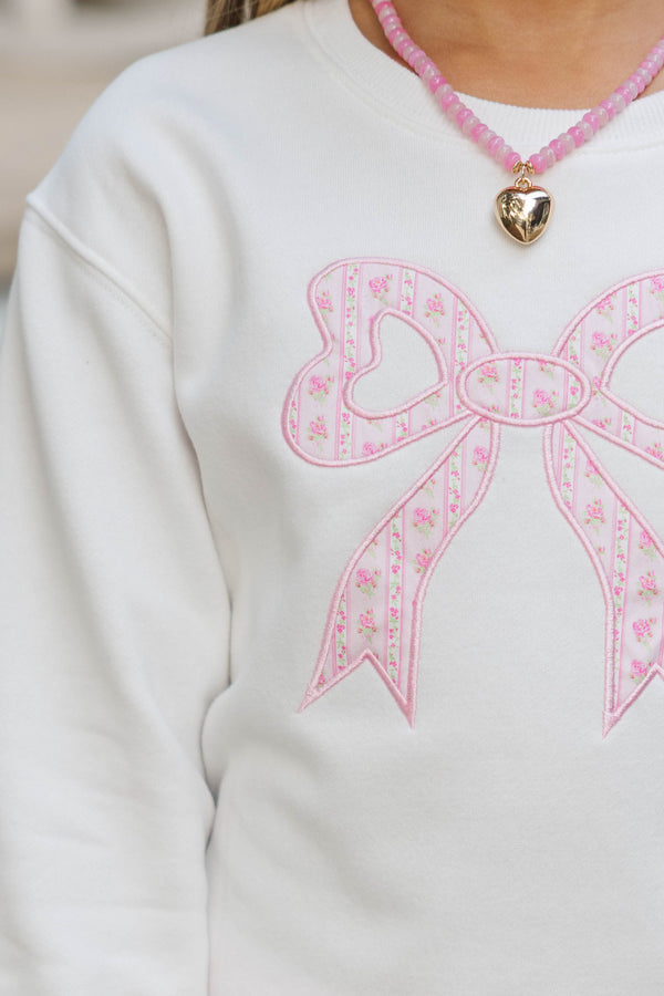 Girls: With The Cutest White Bow Patchwork Sweatshirt