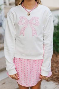 Girls: With The Cutest White Bow Patchwork Sweatshirt