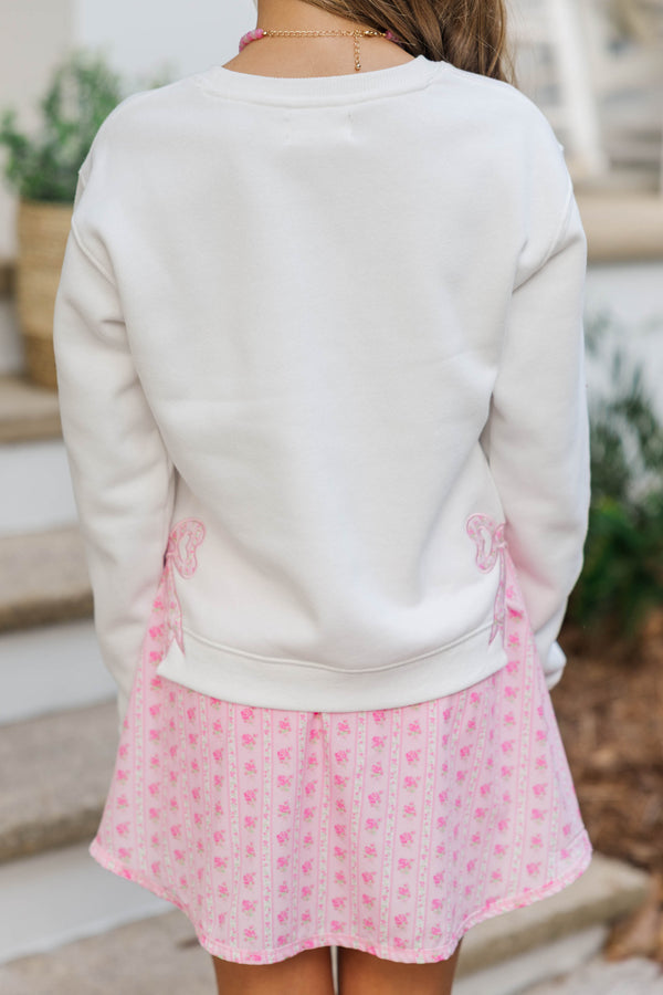 Girls: With The Cutest White Bow Patchwork Sweatshirt