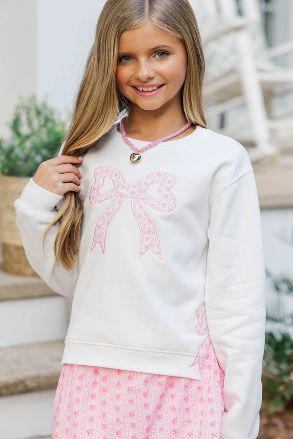 Girls: With The Cutest White Bow Patchwork Sweatshirt