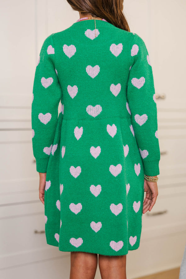 Girls: Heart To Heart Green Fuzzy Sweater Dress