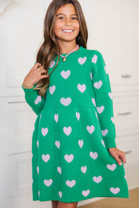 Girls: Heart To Heart Green Fuzzy Sweater Dress