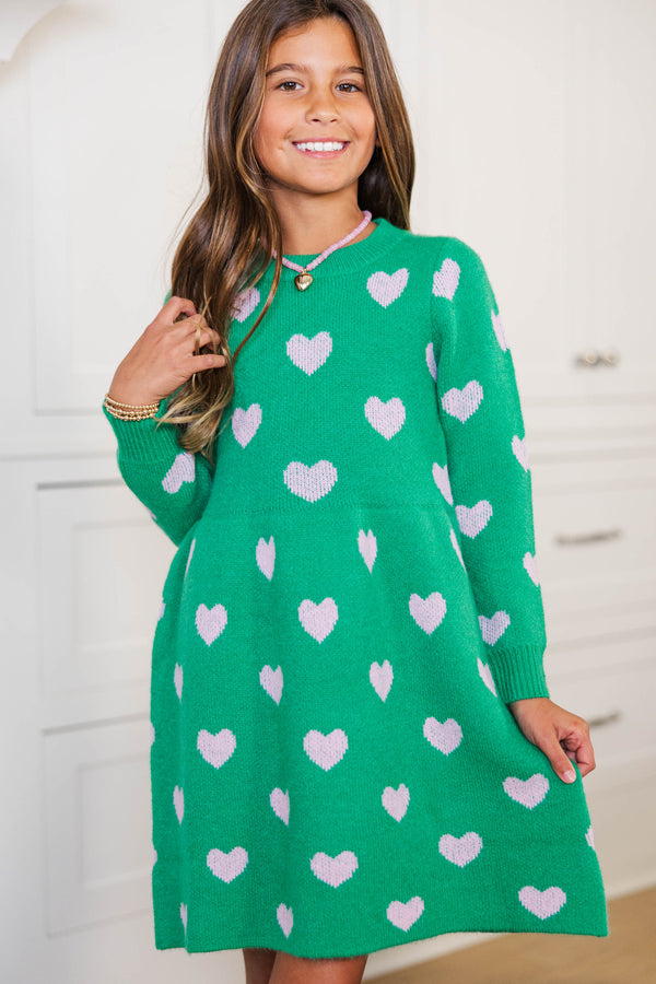 Girls: Heart To Heart Green Fuzzy Sweater Dress