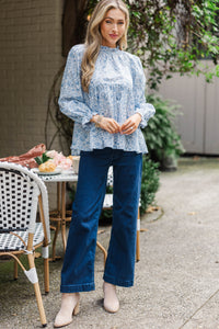 Making Moves Blue Toile Ruffled Blouse