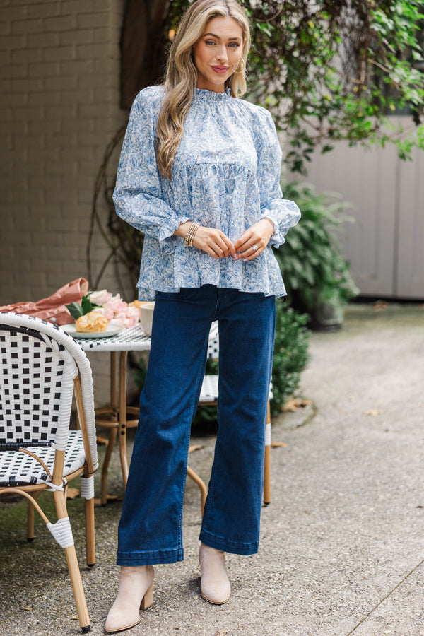 Making Moves Blue Toile Ruffled Blouse