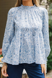 Making Moves Blue Toile Ruffled Blouse
