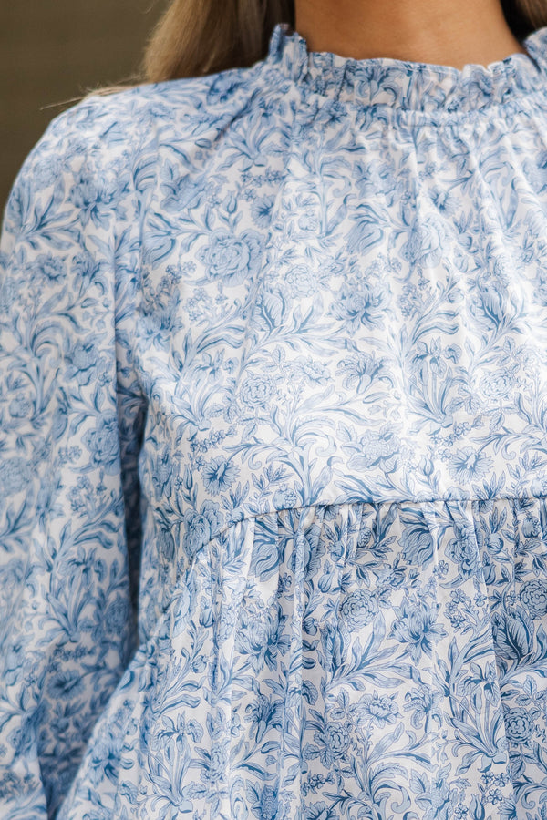 Making Moves Blue Toile Ruffled Blouse