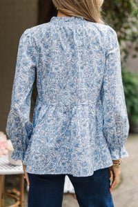 Making Moves Blue Toile Ruffled Blouse