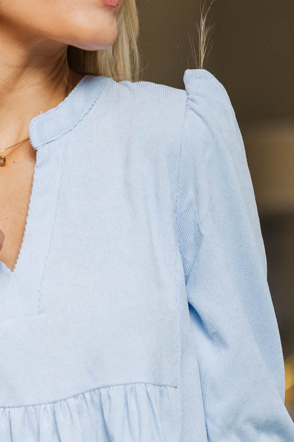 In Your Happy Place Light Blue Corduroy Babydoll Dress