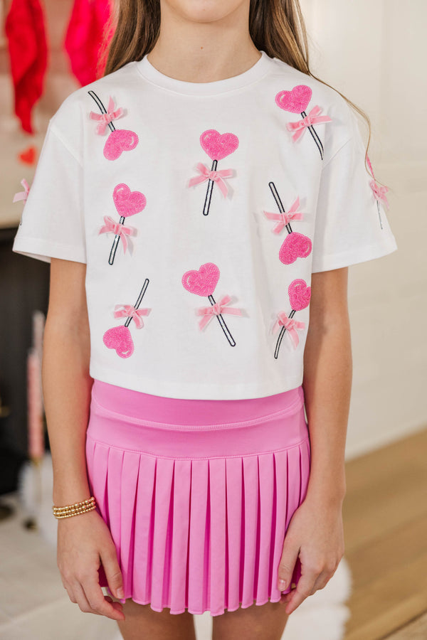 Girls: Heart Day Fun White Sequin Heart Lollipops Top