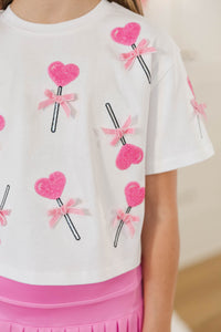 Girls: Heart Day Fun White Sequin Heart Lollipops Top