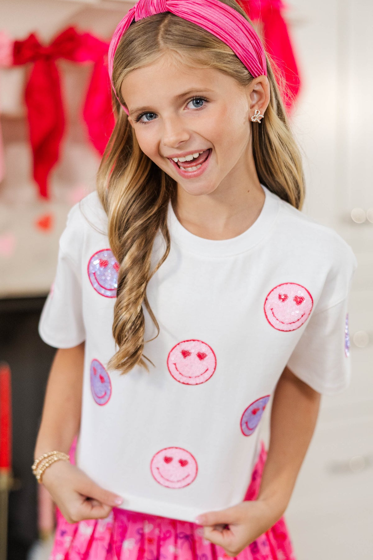 Girls: Heart Day Fun White Sequin Smiley Faces Top – Shop the Mint