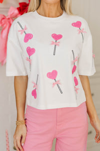 Heart Day Fun White Sequin Heart Lollipops Top