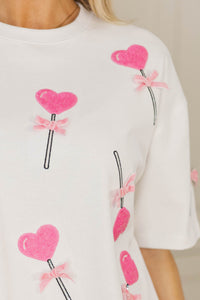 Heart Day Fun White Sequin Heart Lollipops Top