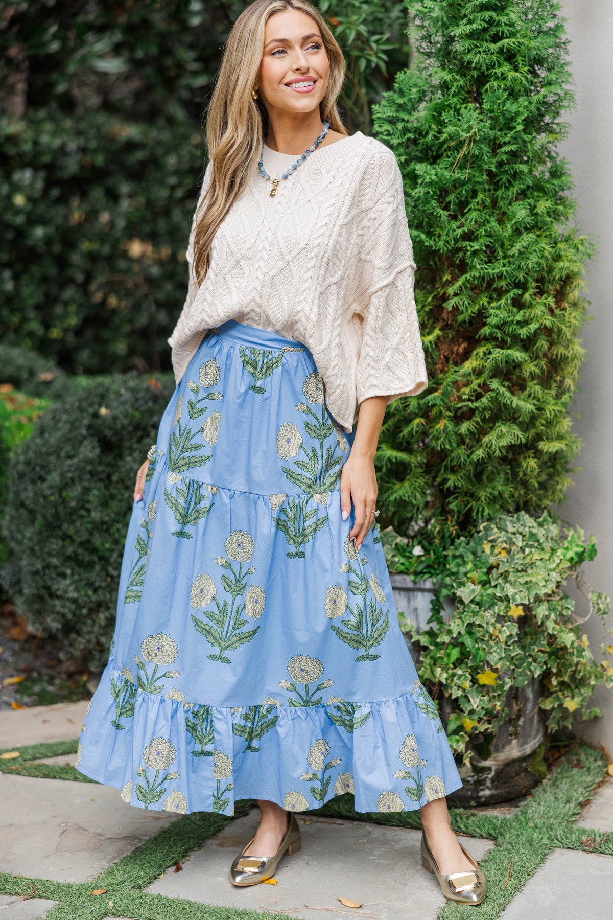 Getting Close Light Blue Medallion Midi Skirt – Shop the Mint display picture 1